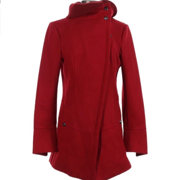 Steve Madden red wool coat -size small - pea coat style w/ detachable cowl neck - Picture 4 of 17